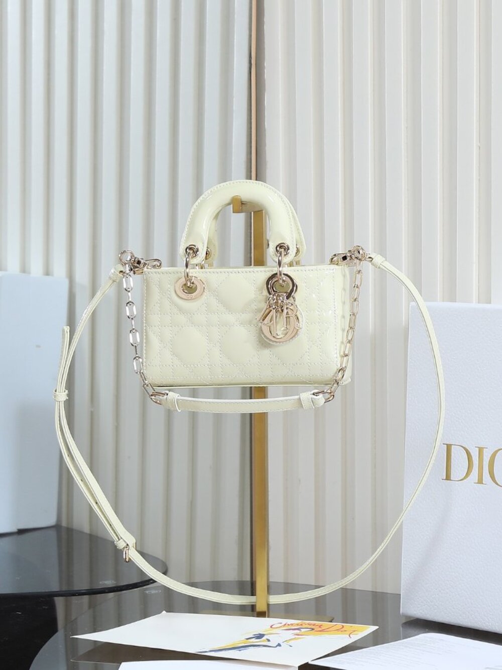 Christian Dior Lady D-Joy Mini Shoulder Bag Beige Patent Leather